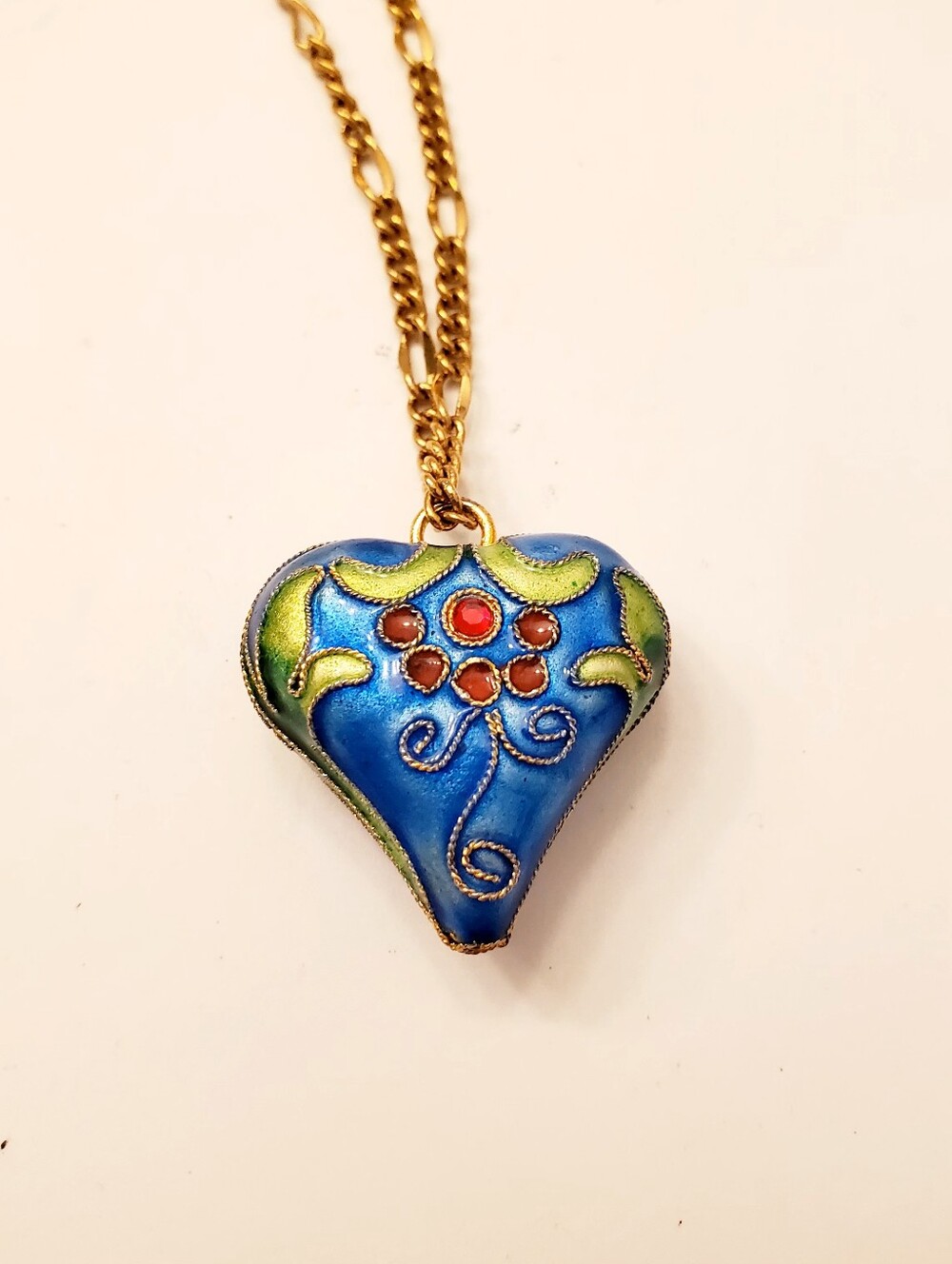 Blue Cloisonne Enamel PUFFY Heart Pendant Necklace - 18 Inch Chain 24kt GB